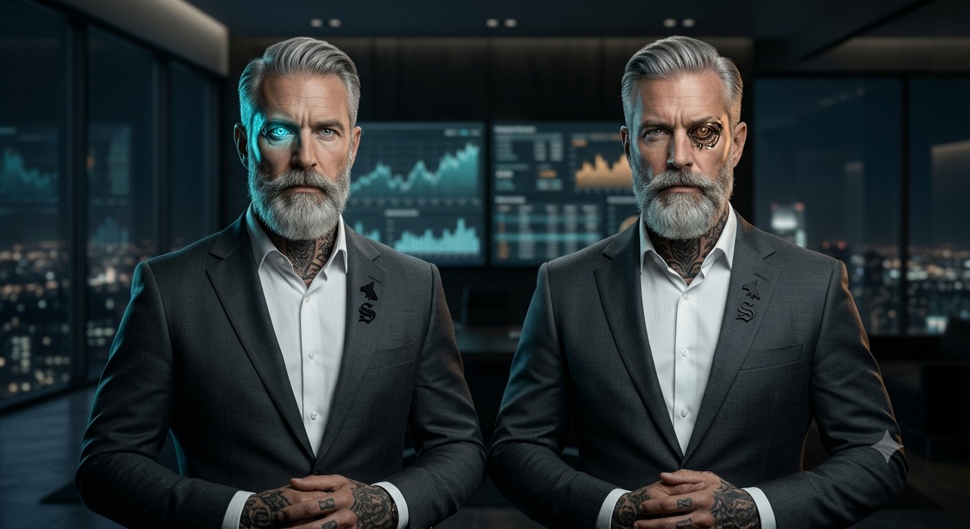 Sovereign and Revenant, the Twins of the Shadow Syndicate, facing each other across the desk